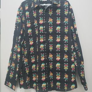 North Pole Trading Co Christmas Elf Black Long Sleeve Button Down Shirt Men'sXXL